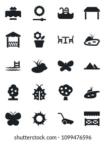 Set of vector isolated black icon - cafe vector, flower in pot, lawn mower, butterfly, lady bug, sun, pond, brightness, pool, fruit tree, mountains, table, restaurant, alcove