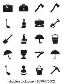 Set of vector isolated black icon - suitcase vector, umbrella, stamp, shovel, bucket, pruner, axe, fragile, themes, ladle, case, hard work