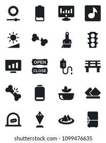 Set of vector isolated black icon - ticket office vector, pennant, statistic monitor, bench, dropper, broken bone, traffic light, low battery, themes, brightness, music, serviette, salad, open close