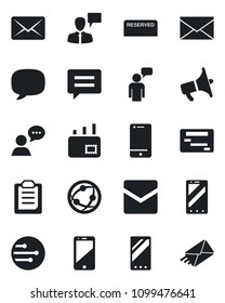 Set of vector isolated black icon - mobile phone vector, speaking man, mail, loudspeaker, network, cell, speaker, message, clipboard, reserved, schedule