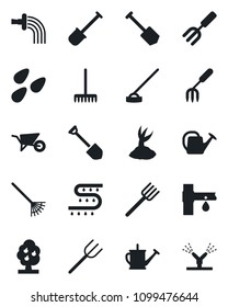 Set of vector isolated black icon - job vector, garden fork, shovel, farm, rake, watering can, wheelbarrow, sproute, hoe, seeds, drip irrigation, fruit tree