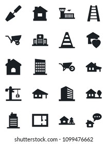 Set of vector isolated black icon - border cone vector, airport building, office, trowel, ladder, wheelbarrow, house, hospital, with garage, tree, plan, sweet home, city, crane, message