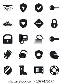 Set of vector isolated black icon - smoking place vector, alarm car, safe, glove, boot, hose, heart shield, protect, lock, key, intercome, home, sprinkler, crisis management