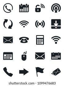 Set of vector isolated black icon - right arrow vector, mail, mouse, calendar, call, update, download, wireless, calculator, phone, lock, flag