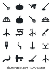 Set of vector isolated black icon - garden fork vector, rake, wheelbarrow, hoe, sickle, plant label, pumpkin, greenhouse, drip irrigation, windmill
