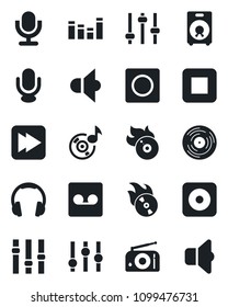Set of vector isolated black icon - vinyl vector, flame disk, radio, speaker, settings, equalizer, microphone, headphones, stop button, fast forward, rec, tuning, record, music, sound
