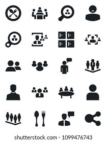 Set of vector isolated black icon - spoon and fork vector, checkroom, speaking man, team, meeting, patient, group, user, hr, company, client search, consumer, social media