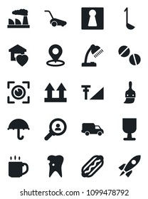 Set of vector isolated black icon - female vector, factory, lawn mower, pills, caries, car delivery, fragile, umbrella, up side sign, themes, place tag, cellular signal, coffee, desk lamp, hot dog