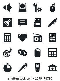 Set of vector isolated black icon - abacus vector, mouse, pen, heart, radio, speaker, remote control, chain, message, calculator, stopwatch, sd, cut, face id, music, battery, root setup, garage gate