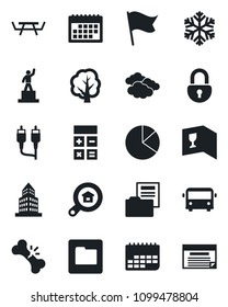 Set of vector isolated black icon - airport bus vector, clouds, pedestal, calculator, tree, picnic table, broken bone, term, rca, folder, lock, calendar, office building, pie graph, document, flag