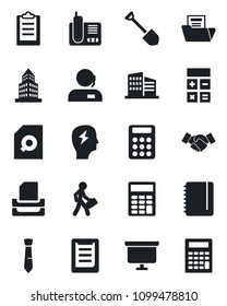 Set of vector isolated black icon - handshake vector, calculator, notepad, presentation board, brainstorm, job, clipboard, radio phone, office building, document folder, search, support, tie