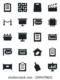 Set of vector isolated black icon - fence vector, presentation board, meeting, clipboard, clapboard, rooms, sold signboard, smart home, cutting, chip