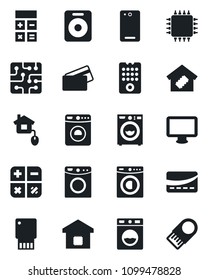 Set of vector isolated black icon - washer vector, calculator, monitor, speaker, phone back, smart home, credit card, control, chip, remote, usb flash