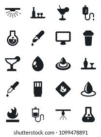 Set of vector isolated black icon - water drop vector, dropper, flammable, monitor, alcohol, drink, cocktail, filter, sprinkler, flask