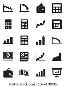 Set of vector isolated black icon - growth statistic vector, calculator, crisis graph, receipt, bar, wallet, cash, presentation
