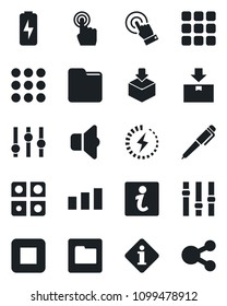 Set of vector isolated black icon - package vector, sorting, settings, touch screen, stop button, menu, folder, charge, application, pen, sound, information, social media