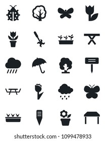 Set of vector isolated black icon - umbrella vector, flower in pot, tree, butterfly, lady bug, seedling, rain, plant label, picnic table, ripper, tulip