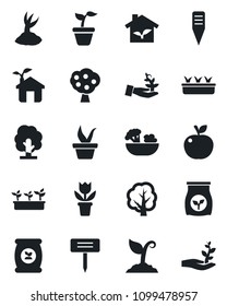 Set of vector isolated black icon - flower in pot vector, seedling, tree, sproute, plant label, fertilizer, fruit, salad, apple, eco house, palm