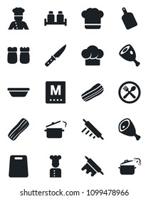 Set of vector isolated black icon - cook vector, cafe, hat, menu, bacon, salt and pepper, ham, bowl, rolling pin, cutting board, knife, steaming pan