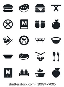 Set of vector isolated black icon - spoon and fork vector, picnic table, cafe, menu, salad, salt pepper, steak, hamburger, bowl, sushi, apple fruit