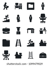 Set of vector isolated black icon - manager vector, desk, place, ladder, folder, career, cook, office chair, case