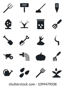 Set of vector isolated black icon - job vector, garden fork, shovel, farm, watering can, wheelbarrow, sproute, hoe, sickle, plant label, pumpkin, seeds, fruit tree, irrigation