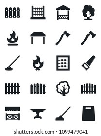 Set of vector isolated black icon - fence vector, tree, saw, fire, hoe, axe, abacus, table, alcove, cutting board