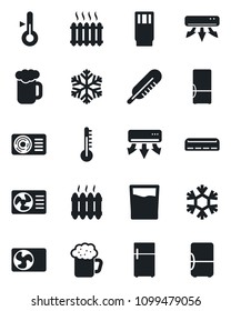 Set of vector isolated black icon - thermometer vector, heater, air conditioner, fridge, drink, beer, snowflake