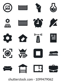 Set of vector isolated black icon - antenna vector, alarm clock, no laptop, vip, joint, cargo container, stop button, settings, mute, stapler, sun panel, plan, cushioned furniture, smart home, flask