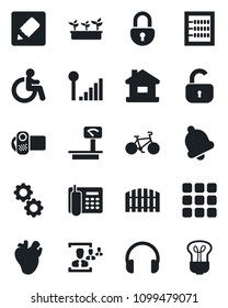 Set of vector isolated black icon - disabled vector, seedling, bike, real heart, heavy scales, video camera, headphones, menu, bell, notes, lock, cellular signal, hr, abacus, office phone, house