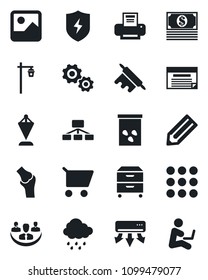 Set of vector isolated black icon - pennant vector, pencil, rain, garden light, seeds, joint, menu, gallery, protect, company, printer, archive box, rolling pin, air conditioner, gear, cart, cash