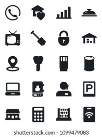 Set of vector isolated black icon - parking vector, lock, abacus, job, implant, oil barrel, laptop pc, place tag, bar graph, calculator, support, warehouse, sweet home, tv, phone, reception, drink