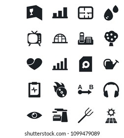 Set of vector isolated black icon - factory vector, farm fork, watering can, greenhouse, eye, pulse clipboard, route, flame disk, tv, headphones, heart, bar graph, document search, office phone