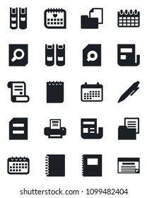 Set of vector isolated black icon - book vector, document search, pen, notepad, calendar, contract, medical, folder, copybook, news, printer, schedule
