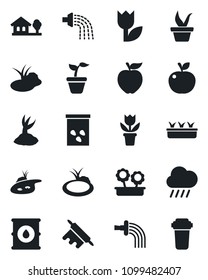 Set of vector isolated black icon - flower in pot vector, seedling, watering, sproute, rain, seeds, pond, tulip, oil barrel, house with tree, rolling pin, apple fruit, water filter