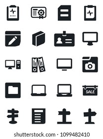 Set of vector isolated black icon - identity vector, office binder, document, pulse clipboard, signpost, monitor, laptop pc, folder, notes, photo gallery, blank box, notebook, sale, certificate