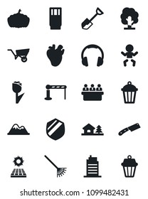 Set of vector isolated black icon - barrier vector, baby, meeting, shovel, rake, tree, wheelbarrow, pumpkin, garden light, real heart, tulip, shield, headphones, house with, sun panel, mountains
