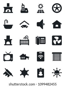 Set of vector isolated black icon - fireplace vector, radio phone, office, house, with garage, children room, bathroom, tv, rolling pin, fan, sound, jalousie, police, sun panel, pass card, alarm led