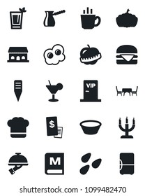Set of vector isolated black icon - plant label vector, pumpkin, seeds, diet, cook hat, menu, cocktail, phyto bar, coffee, waiter, cafe building, candle, table, vip zone, restaurant receipt, bowl