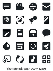 Set of vector isolated black icon - microphone vector, mobile, message, update, calculator, stopwatch, mail, record, sd, network, notes, cut, lock, eye id, fingerprint, music, video, application