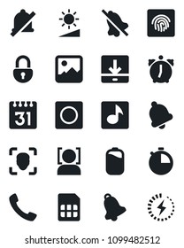 Set of vector isolated black icon - call vector, gallery, alarm, stopwatch, bell, record, sim, calendar, download, mute, brightness, lock, face id, fingerprint, music, battery, charge