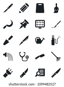 Set of vector isolated black icon - document search vector, pencil, trowel, rake, watering can, sickle, garden knife, sprayer, monitor pulse, stethoscope, scalpel, themes, torch, drawing pin, pen
