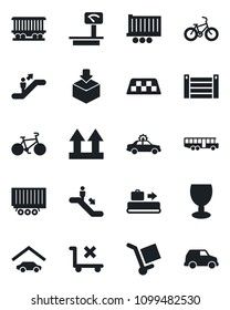 Set of vector isolated black icon - taxi vector, baggage conveyor, airport bus, escalator, alarm car, bike, railroad, truck trailer, container, fragile, cargo, up side sign, no trolley, package