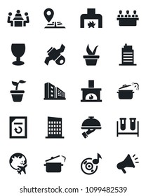 Set of vector isolated black icon - plane globe vector, document reload, seedling, blood test vial, navigation, satellite, fragile, music, meeting, office building, fireplace, city house, waiter