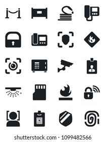 Set of vector isolated black icon - fence vector, safe, identity card, hose, shield, flammable, sd, lock, face id, eye, wireless, intercome, surveillance, sprinkler, fingerprint