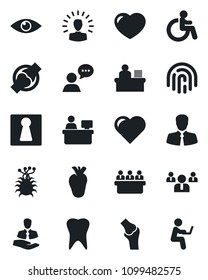 Set of vector isolated black icon - female vector, disabled, team, meeting, manager place, heart, real, tooth, eye, joint, virus, client, speaker, fingerprint id, desk, shining head