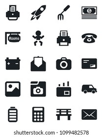 Set of vector isolated black icon - baby vector, printer, garden fork, bench, cash, camera, battery, mail, gallery, photo, calculator, rooms, phone, rocket, car