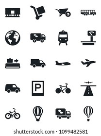 Set of vector isolated black icon - runway vector, baggage conveyor, airport bus, parking, train, plane, wheelbarrow, bike, earth, car delivery, cargo, heavy scales, railroad, moving, air balloon