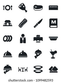 Set of vector isolated black icon - cafe vector, waiter, dish, restaurant table, menu, reserved, cocktail, plates, bacon, building, steak, ham, bowl, knife, serviette