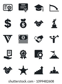 Set of vector isolated black icon - dispatcher vector, growth statistic, dollar sign, pedestal, medal, graduate, document, sertificate, handshake, police, motivation, money bag, pennon, crisis, cash